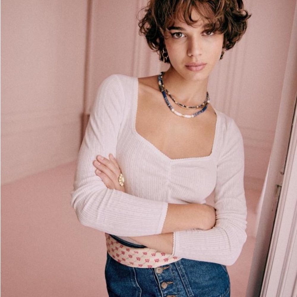 Sezane Mara Long Sleeve Cotton V Neck Shirt XS